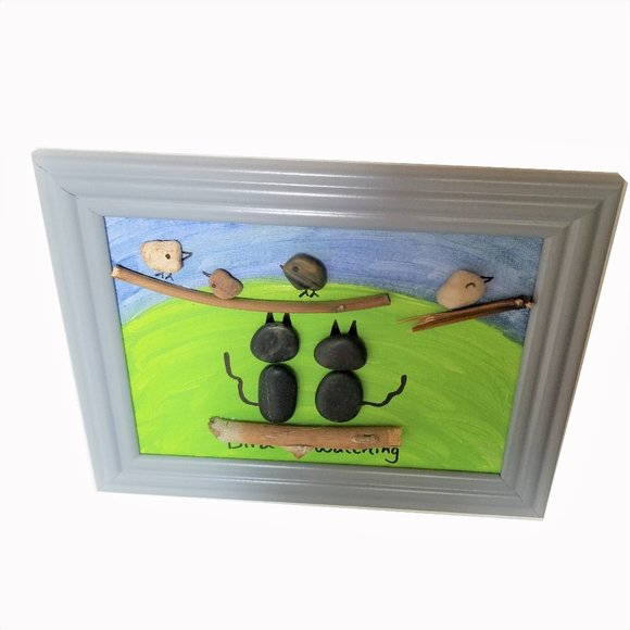 Cats Birds Watching Pebble Art Picture Hand Paint - Picture 5 of 5
